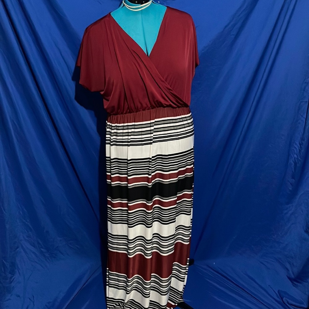 Red black and gray striped maxi dress